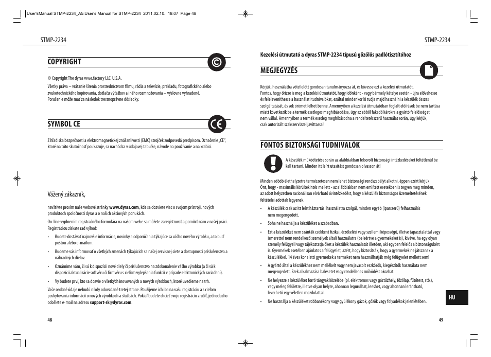 Megjegyzés, Fontos biztonsági tudnivalók, Copyright | Symbol ce | Dyras STMP-2234 User Manual | Page 25 / 31