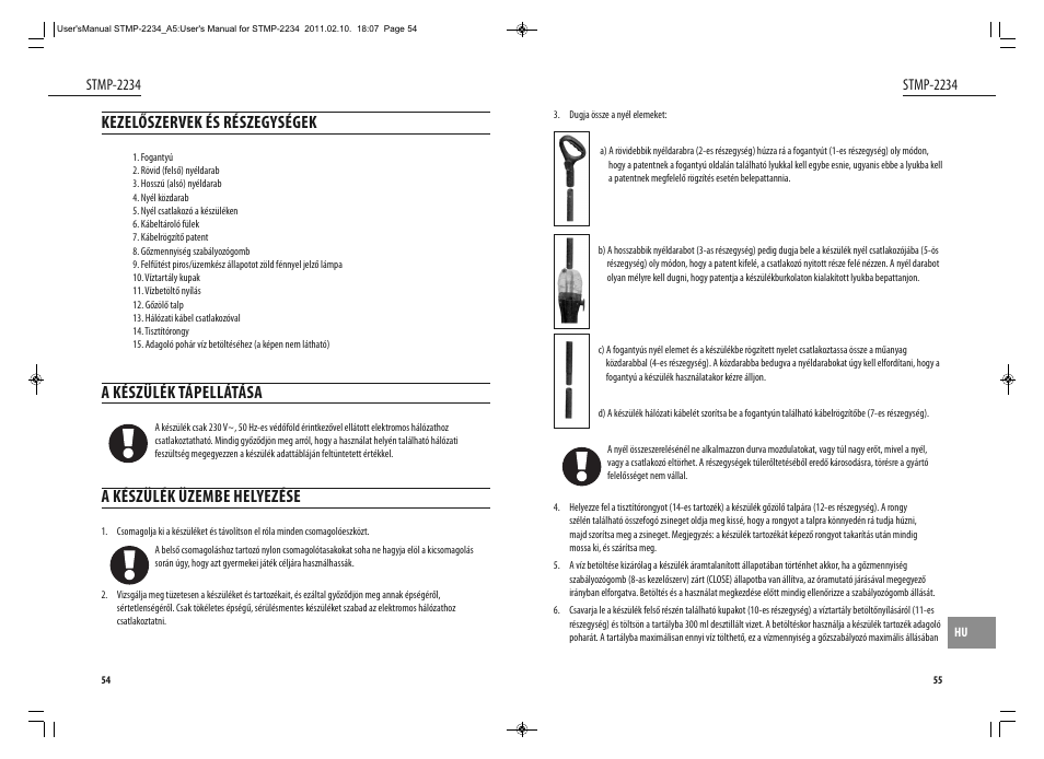 Kezelőszervek és részegységek, A készülék tápellátása, A készülék üzembe helyezése | Dyras STMP-2234 User Manual | Page 28 / 31