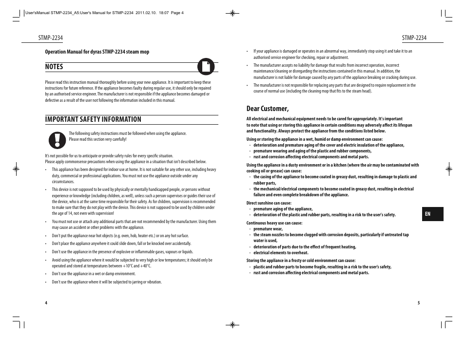 Important safety information, Dear customer, Stmp-2234 | Dyras STMP-2234 User Manual | Page 3 / 31