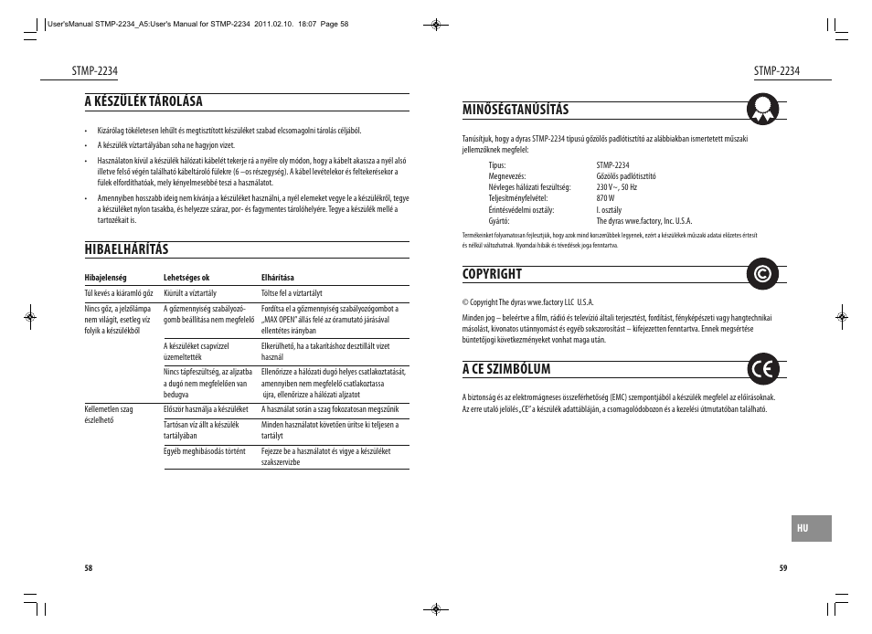 Minőségtanúsítás, Copyright, A ce szimbólum | A készülék tárolása, Hibaelhárítás, Stmp-2234 | Dyras STMP-2234 User Manual | Page 30 / 31