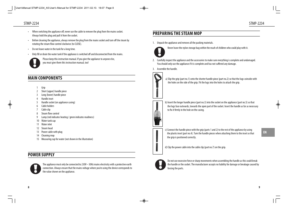 Main components, Power supply, Preparing the steam mop | Stmp-2234 | Dyras STMP-2234 User Manual | Page 5 / 31