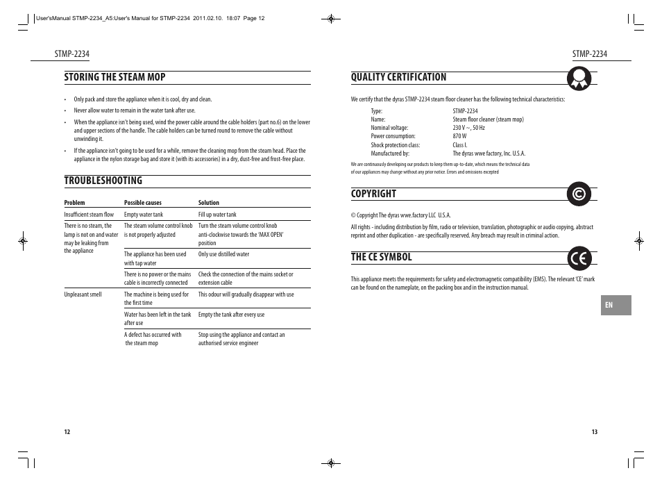 Quality certification, Copyright, The ce symbol | Storing the steam mop, Troubleshooting, Stmp-2234 | Dyras STMP-2234 User Manual | Page 7 / 31
