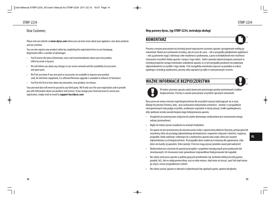 Komentarz, Ważne informacje bezpieczeństwa | Dyras STMP-2234 User Manual | Page 8 / 31