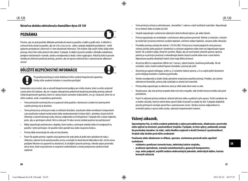Poznámka, Dőležité bezpečnostné informácie, Vážený zákazník | Lr-120 | Dyras LR-120 User Manual | Page 13 / 19