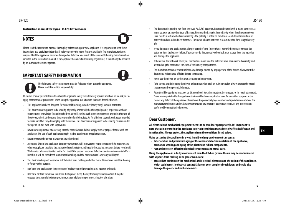 Dear customer, Important safety information, Lr-120 | Dyras LR-120 User Manual | Page 3 / 19