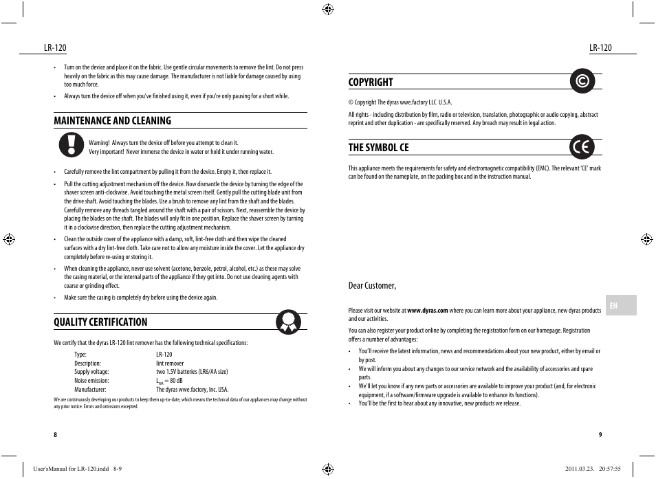 Copyright, The symbol ce, Maintenance and cleaning | Quality certification, Lr-120, Dear customer | Dyras LR-120 User Manual | Page 5 / 19