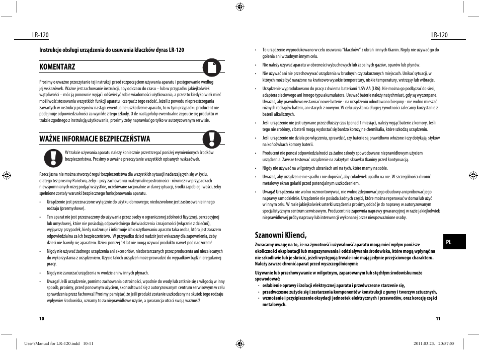 Szanowni klienci, Komentarz, Ważne informacje bezpieczeństwa | Lr-120 | Dyras LR-120 User Manual | Page 6 / 19