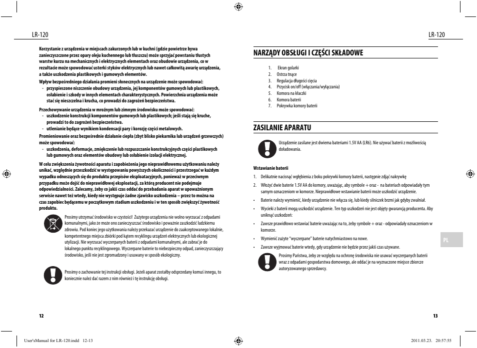Narządy obsługi i części składowe, Zasilanie aparatu, Lr-120 | Dyras LR-120 User Manual | Page 7 / 19