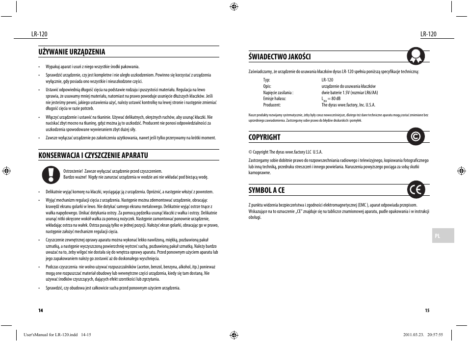 Świadectwo jakości, Copyright, Symbol a ce | Używanie urządzenia, Konserwacja i czyszczenie aparatu, Lr-120 | Dyras LR-120 User Manual | Page 8 / 19