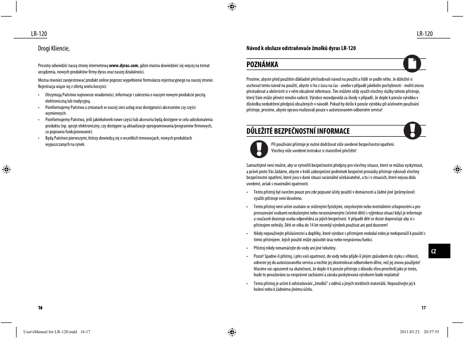 Poznámka, Důležité bezpečnostní informace, Lr-120 | Lr-120 drogi kliencie | Dyras LR-120 User Manual | Page 9 / 19