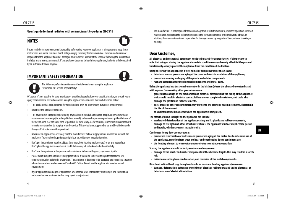 Dear customer, Important safety information, Ch-7515 | Dyras CH-7515 User Manual | Page 3 / 25