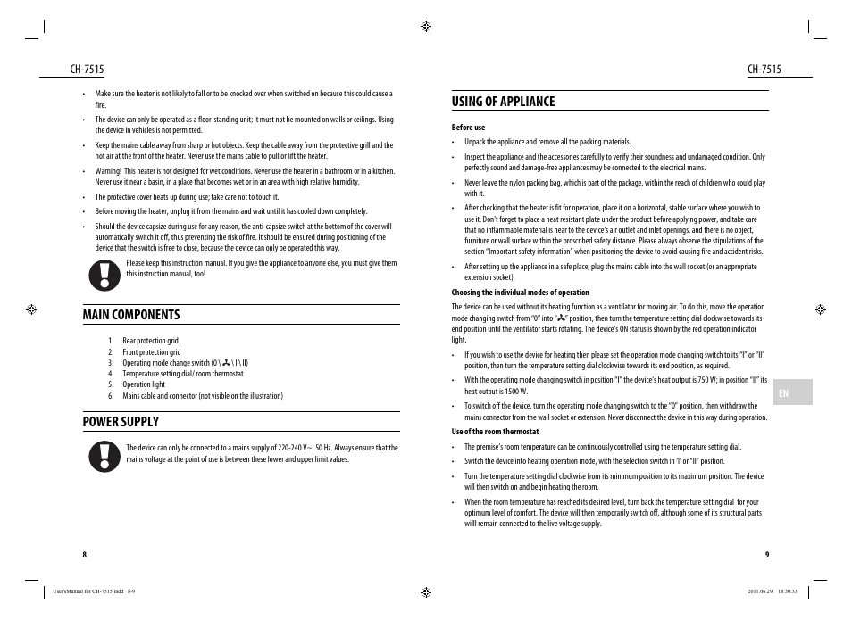 Using of appliance, Main components, Power supply | Ch-7515 | Dyras CH-7515 User Manual | Page 5 / 25