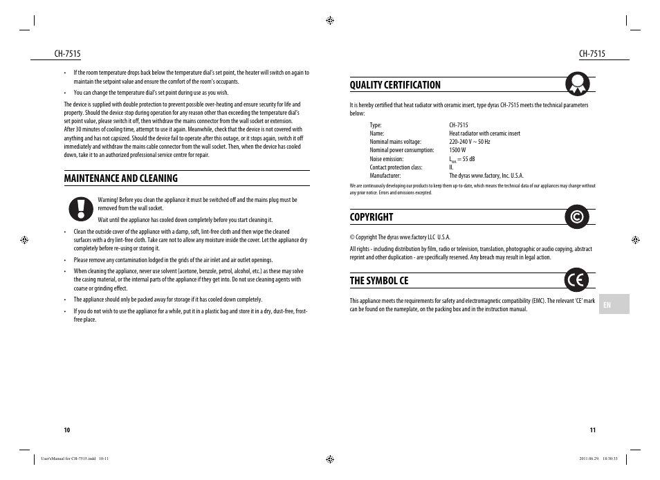 Quality certification, Copyright, The symbol ce | Maintenance and cleaning, Ch-7515 | Dyras CH-7515 User Manual | Page 6 / 25