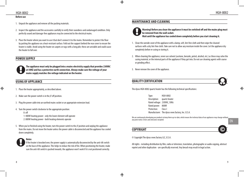 Dyras HGH-8002 User Manual | Page 5 / 23