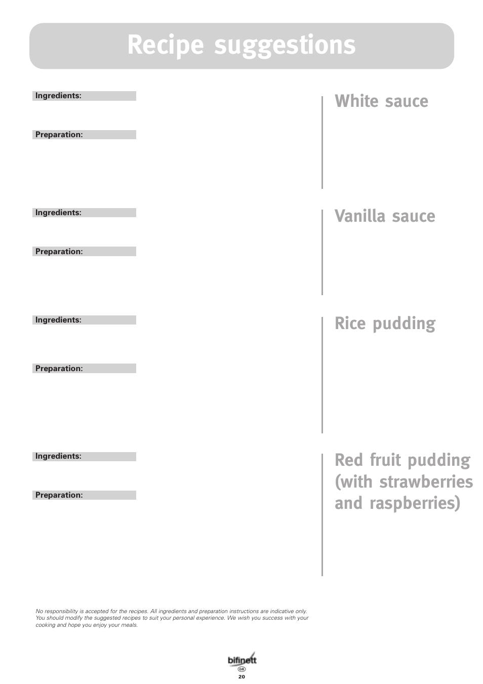 Recipe suggestions | Bifinett KH 1108 User Manual | Page 20 / 24