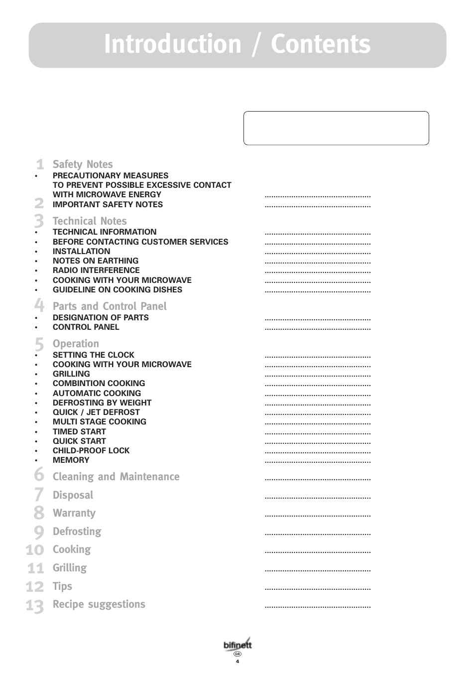 Introduction / contents, Parts and control panel, Operation | Cleaning and maintenance, Disposal, Warranty, Defrosting, Cooking, Grilling, Tips | Bifinett KH 1108 User Manual | Page 4 / 24