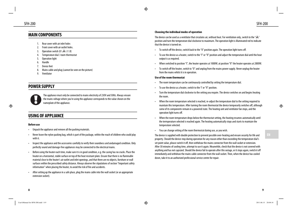 Main components, Power supply, Using of appliance | Sfh-200 | Dyras SFH-200 User Manual | Page 5 / 25