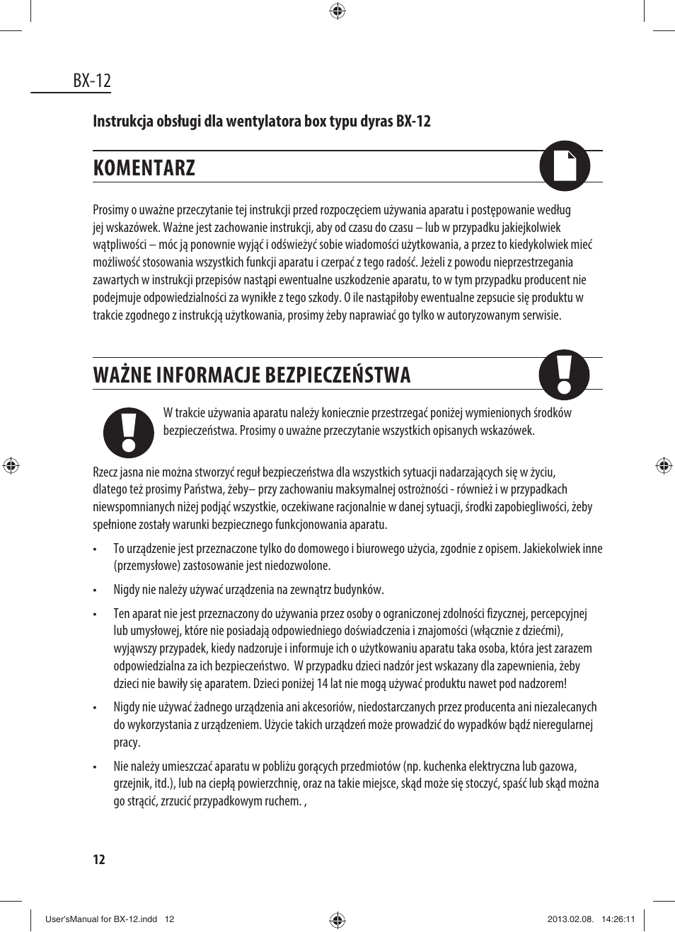 Komentarz, Ważne informacje bezpieczeństwa, Bx-12 | Dyras BX-12 User Manual | Page 12 / 45