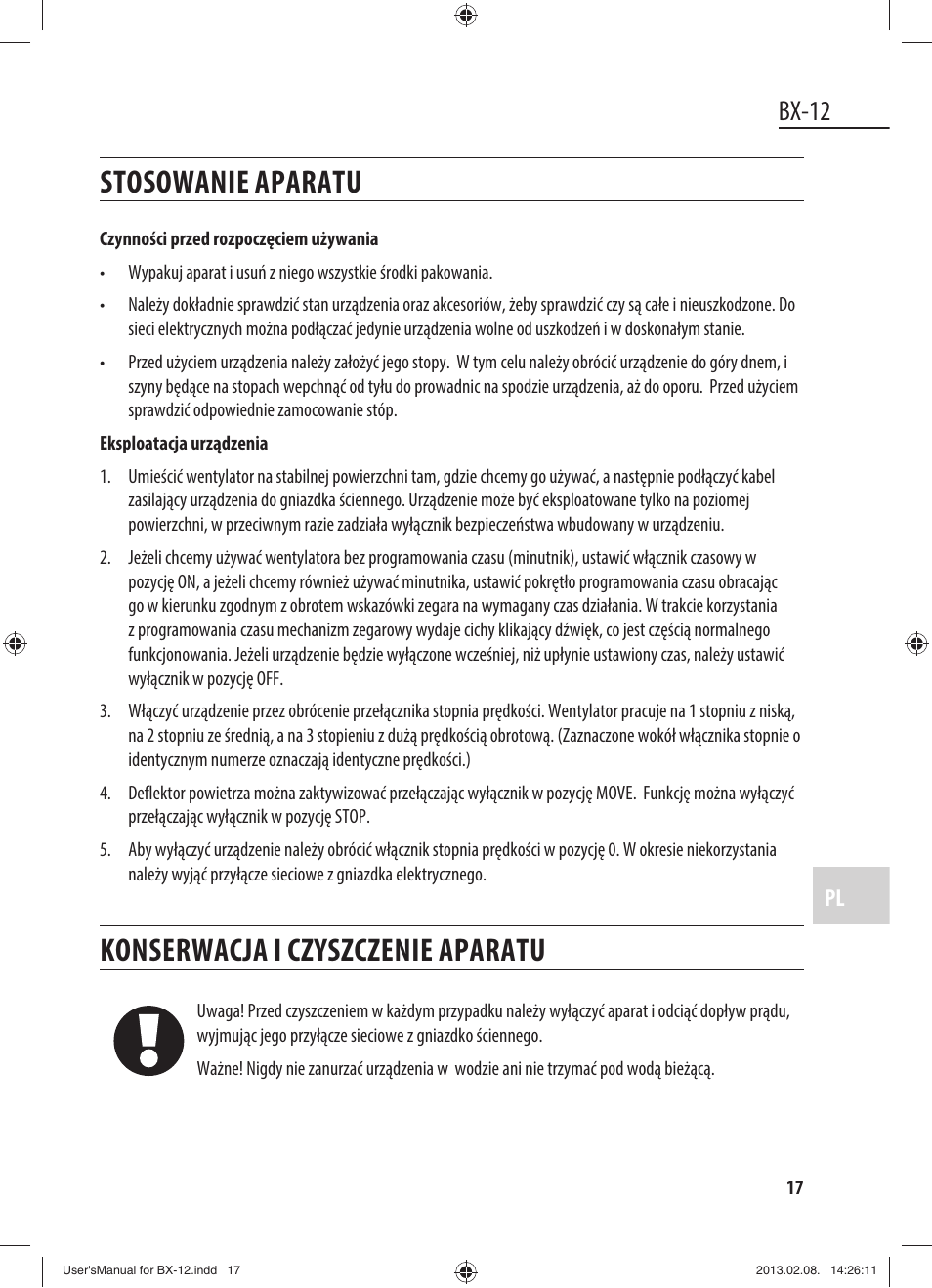 Stosowanie aparatu, Konserwacja i czyszczenie aparatu, Bx-12 | Dyras BX-12 User Manual | Page 17 / 45