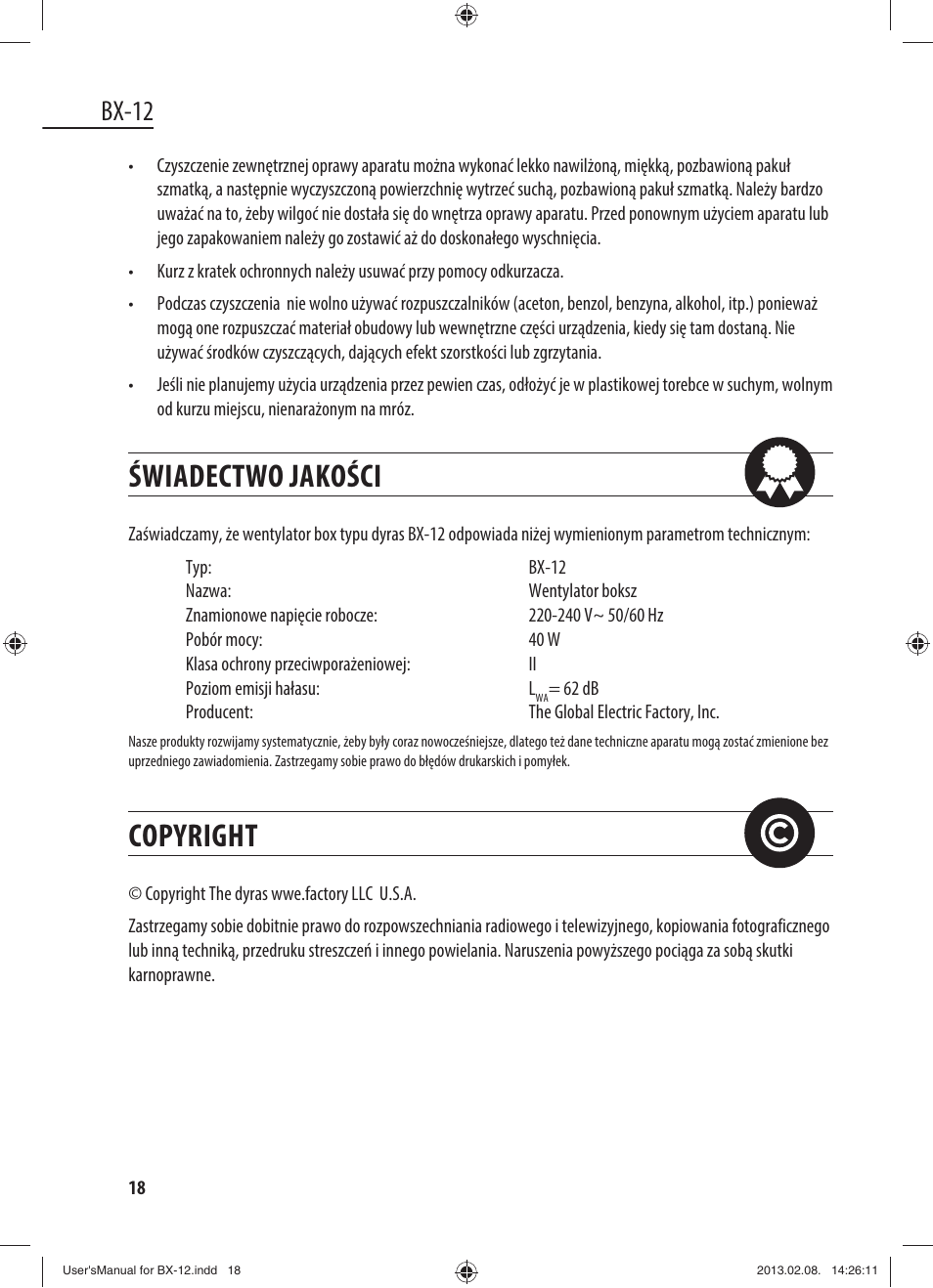 Świadectwo jakości, Copyright, Bx-12 | Dyras BX-12 User Manual | Page 18 / 45