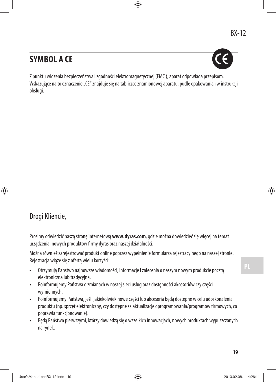 Symbol a ce, Bx-12, Drogi kliencie | Dyras BX-12 User Manual | Page 19 / 45