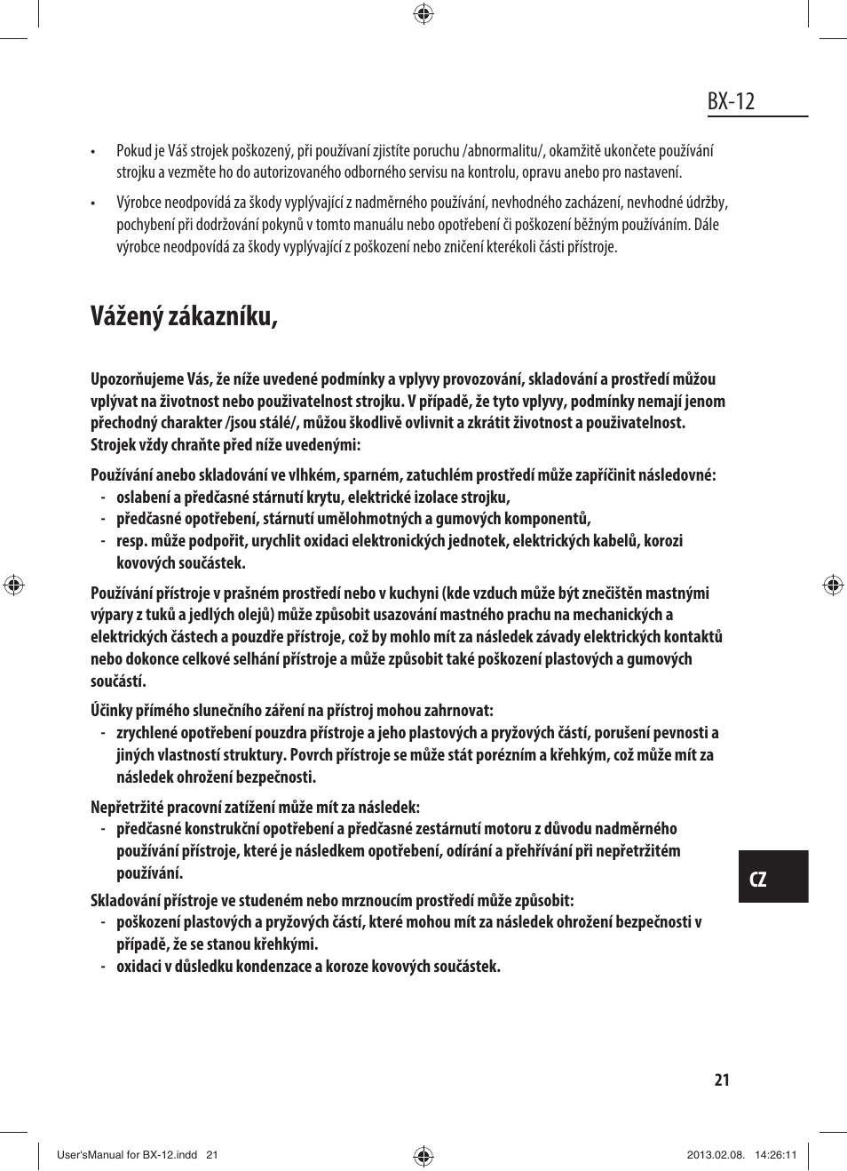 Vážený zákazníku, Bx-12 | Dyras BX-12 User Manual | Page 21 / 45