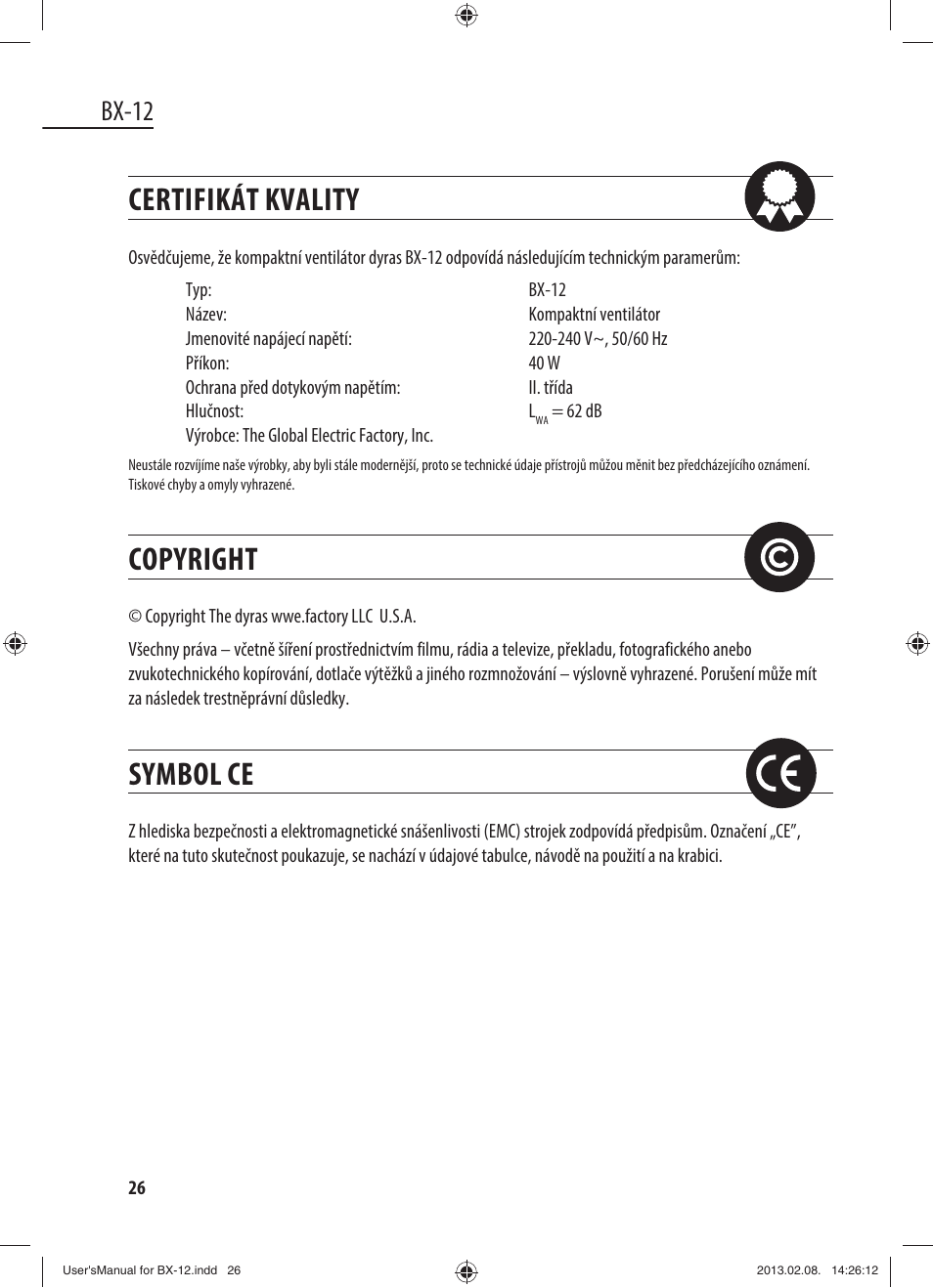 Certifikát kvality, Copyright, Symbol ce | Bx-12 | Dyras BX-12 User Manual | Page 26 / 45