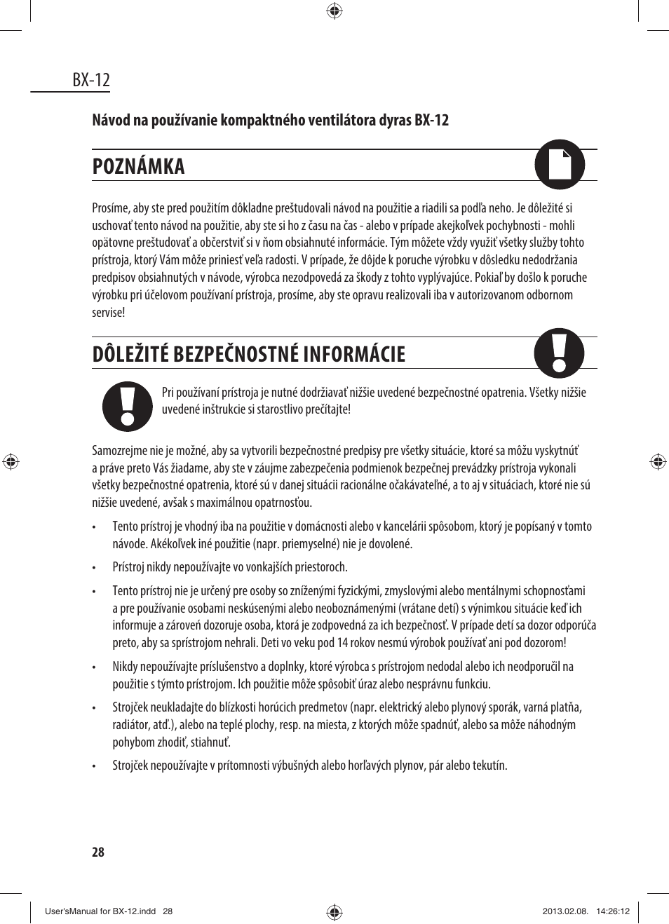 Poznámka, Dôležité bezpečnostné informácie, Bx-12 | Dyras BX-12 User Manual | Page 28 / 45