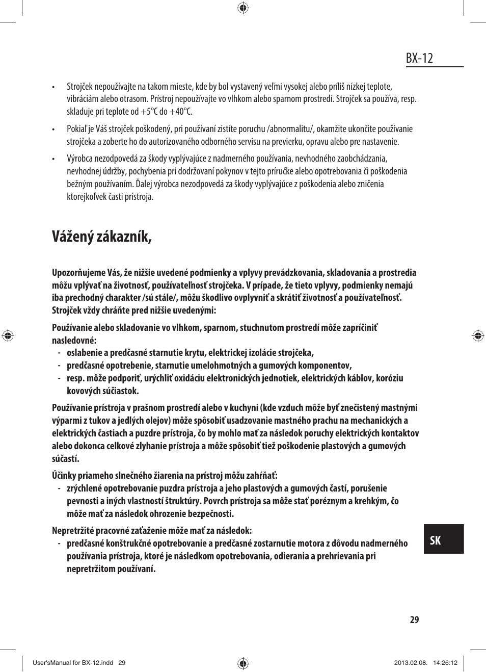 Vážený zákazník, Bx-12 | Dyras BX-12 User Manual | Page 29 / 45