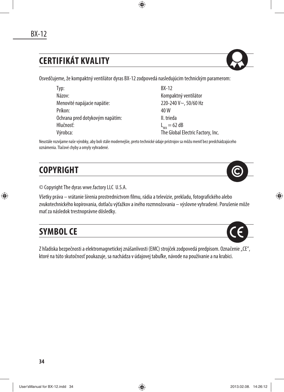 Certifikát kvality, Copyright, Symbol ce | Bx-12 | Dyras BX-12 User Manual | Page 34 / 45