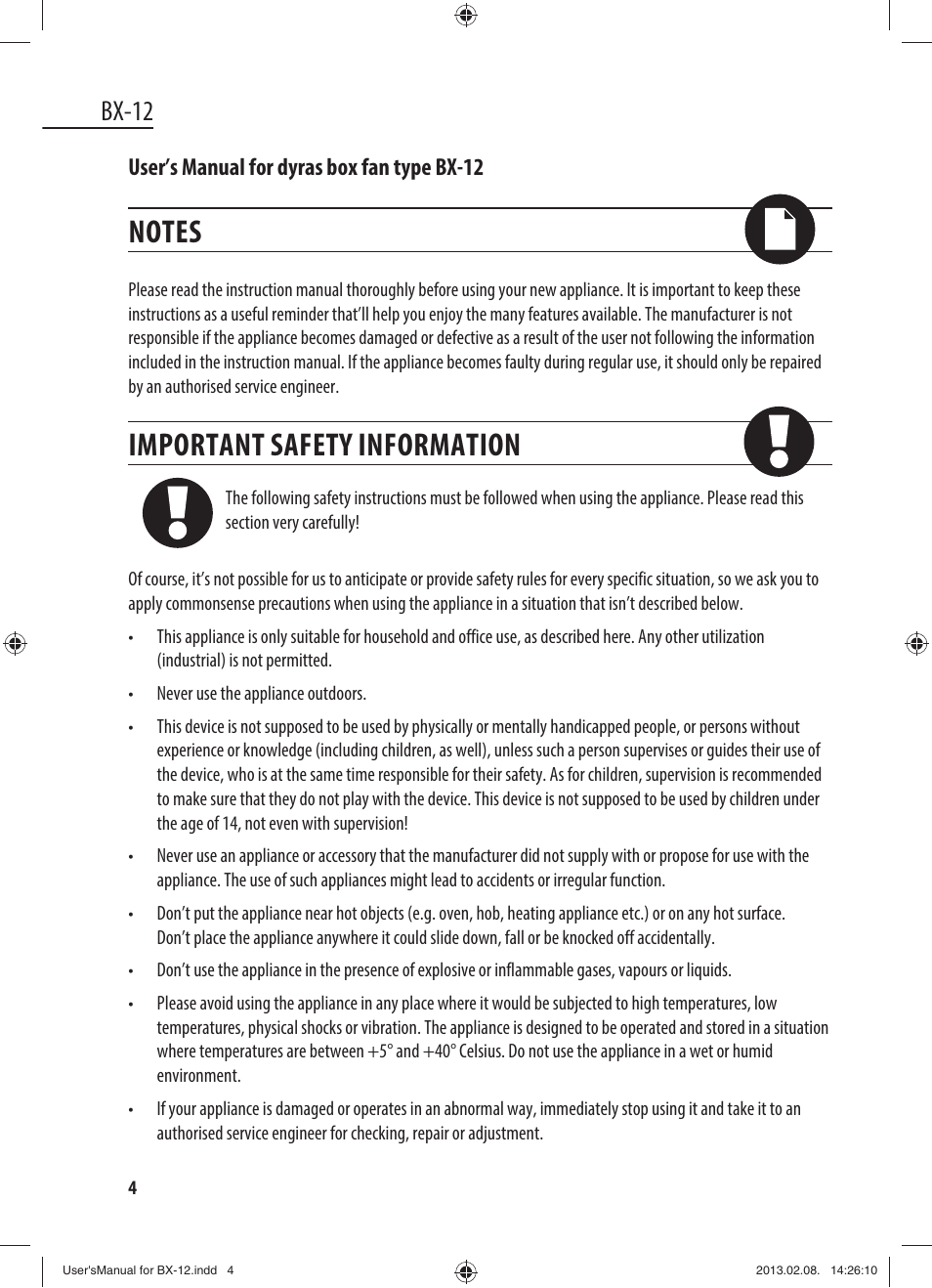 Important safety information, Bx-12, User’s manual for dyras box fan type bx-12 | Dyras BX-12 User Manual | Page 4 / 45