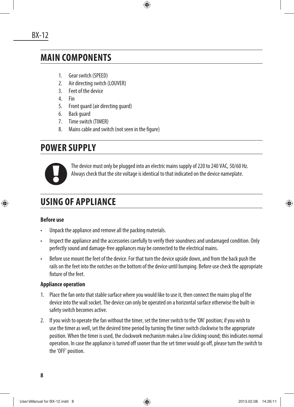 Main components, Power supply, Using of appliance | Bx-12 | Dyras BX-12 User Manual | Page 8 / 45