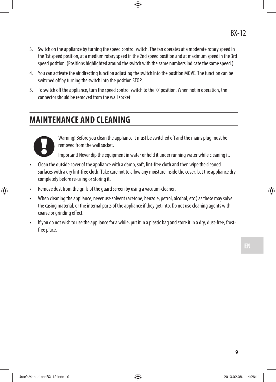 Maintenance and cleaning, Bx-12 | Dyras BX-12 User Manual | Page 9 / 45