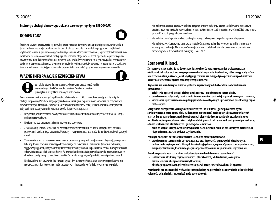 Komentarz, Ważne informacje bezpieczeństwa, Szanowni klienci | Esi-2000ac | Dyras ESI-2000AC User Manual | Page 10 / 39