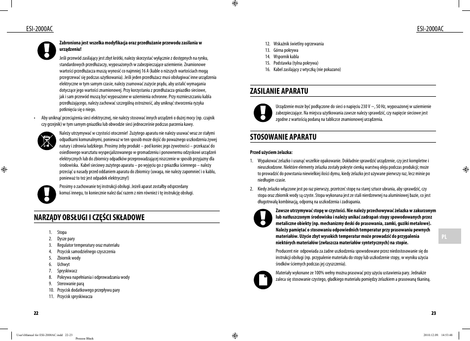 Narządy obsługi i części składowe, Zasilanie aparatu, Stosowanie aparatu | Esi-2000ac | Dyras ESI-2000AC User Manual | Page 12 / 39