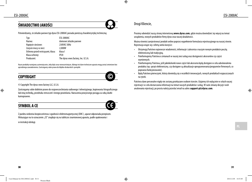 Świadectwo jakości, Copyright, Symbol a ce | Esi-2000ac, Drogi kliencie | Dyras ESI-2000AC User Manual | Page 16 / 39