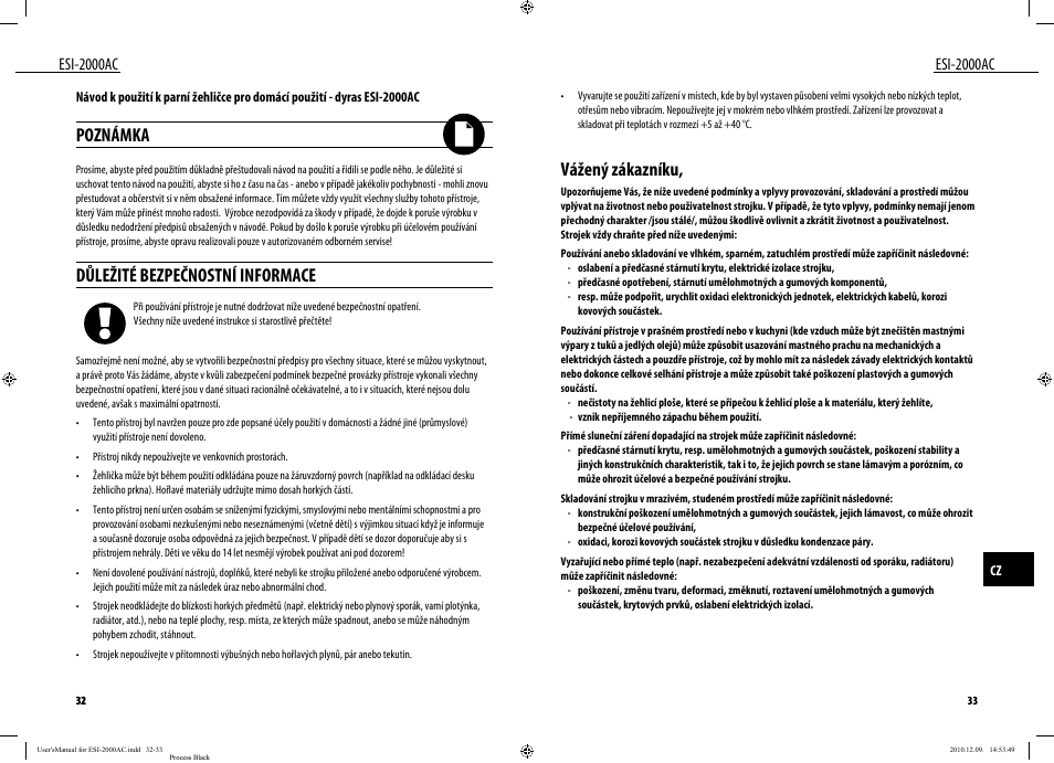 Vážený zákazníku, Poznámka, Důležité bezpečnostní informace | Esi-2000ac | Dyras ESI-2000AC User Manual | Page 17 / 39