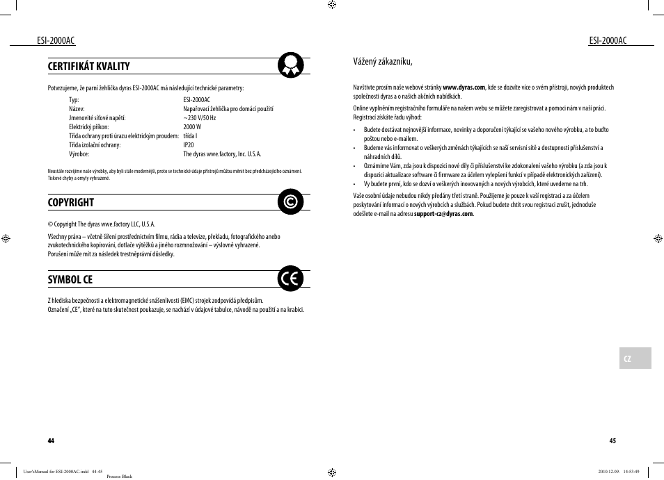 Certifikát kvality, Copyright, Symbol ce | Esi-2000ac, Esi-2000ac vážený zákazníku | Dyras ESI-2000AC User Manual | Page 23 / 39
