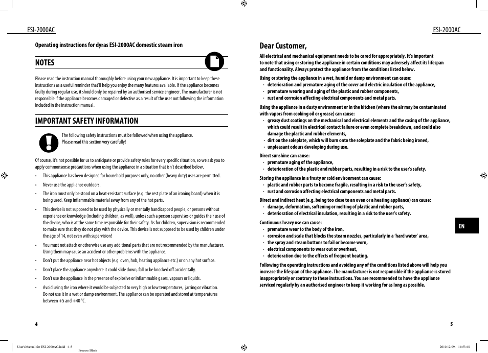 Dear customer, Important safety information, Esi-2000ac | Dyras ESI-2000AC User Manual | Page 3 / 39