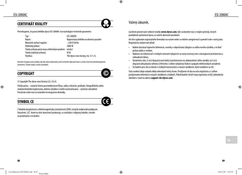 Certifikát kvality, Copyright, Symbol ce | Esi-2000ac, Esi-2000ac vážený zákazník | Dyras ESI-2000AC User Manual | Page 30 / 39