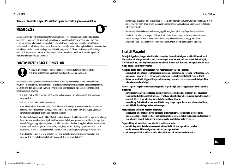 Tisztelt vásárló, Megjegyzés, Fontos biztonsági tudnivalók | Esi-2000ac | Dyras ESI-2000AC User Manual | Page 31 / 39