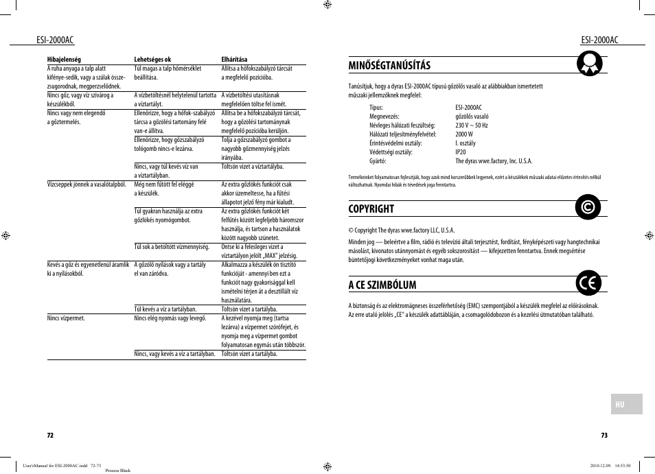 Minőségtanúsítás, Copyright, A ce szimbólum | Esi-2000ac | Dyras ESI-2000AC User Manual | Page 37 / 39