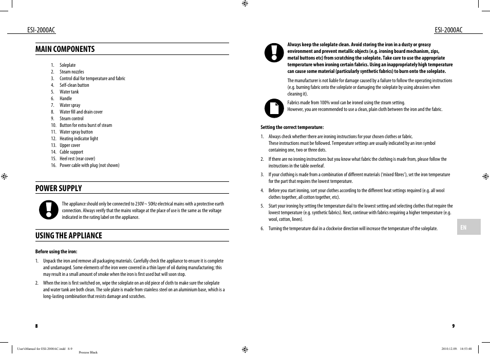 Main components, Power supply, Using the appliance | Esi-2000ac | Dyras ESI-2000AC User Manual | Page 5 / 39