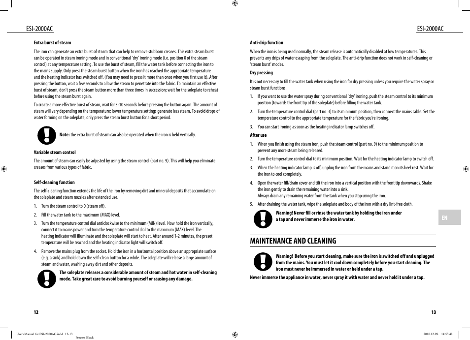 Maintenance and cleaning, Esi-2000ac | Dyras ESI-2000AC User Manual | Page 7 / 39
