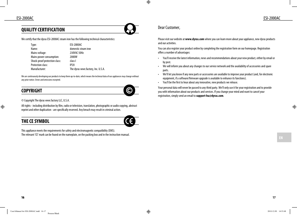 Quality certification, Copyright, The ce symbol | Esi-2000ac, Dear customer | Dyras ESI-2000AC User Manual | Page 9 / 39