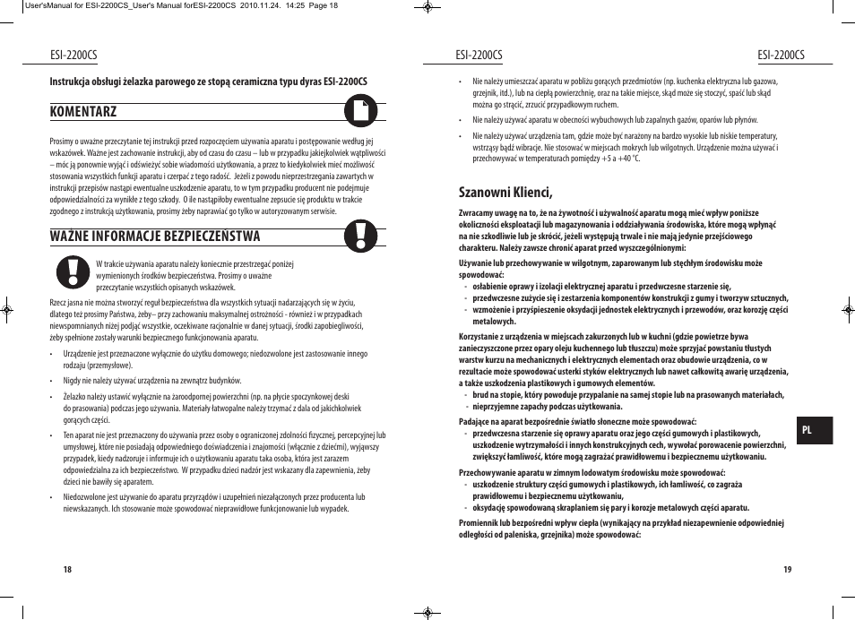 Szanowni klienci, Komentarz, Ważne informacje bezpieczeństwa | Esi-2200cs | Dyras ESI-2200CS User Manual | Page 10 / 39