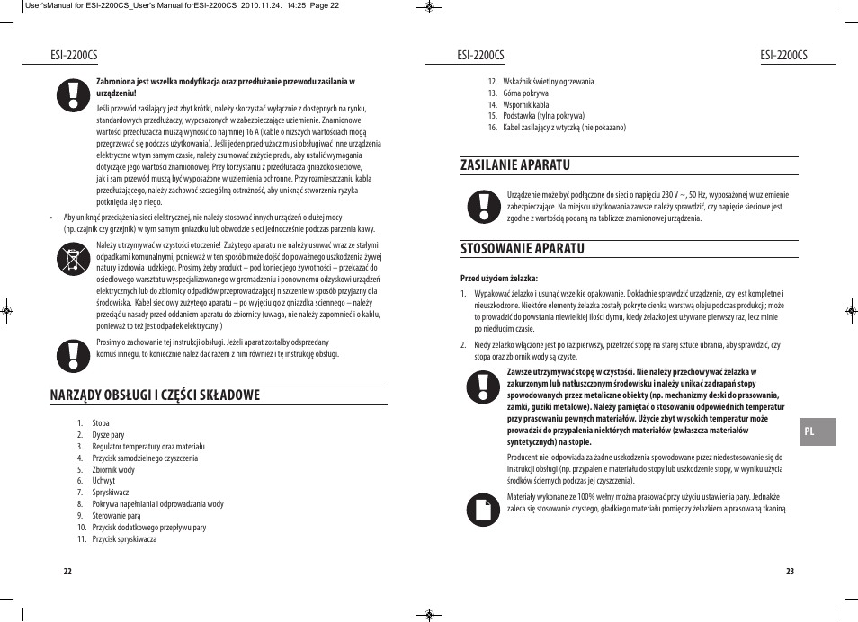Zasilanie aparatu, Stosowanie aparatu, Narządy obsługi i części składowe | Esi-2200cs | Dyras ESI-2200CS User Manual | Page 12 / 39