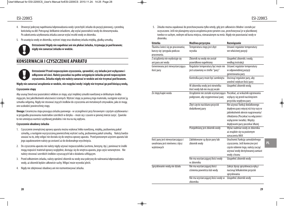 Konserwacja i czyszczenie aparatu, Esi-2200cs | Dyras ESI-2200CS User Manual | Page 15 / 39