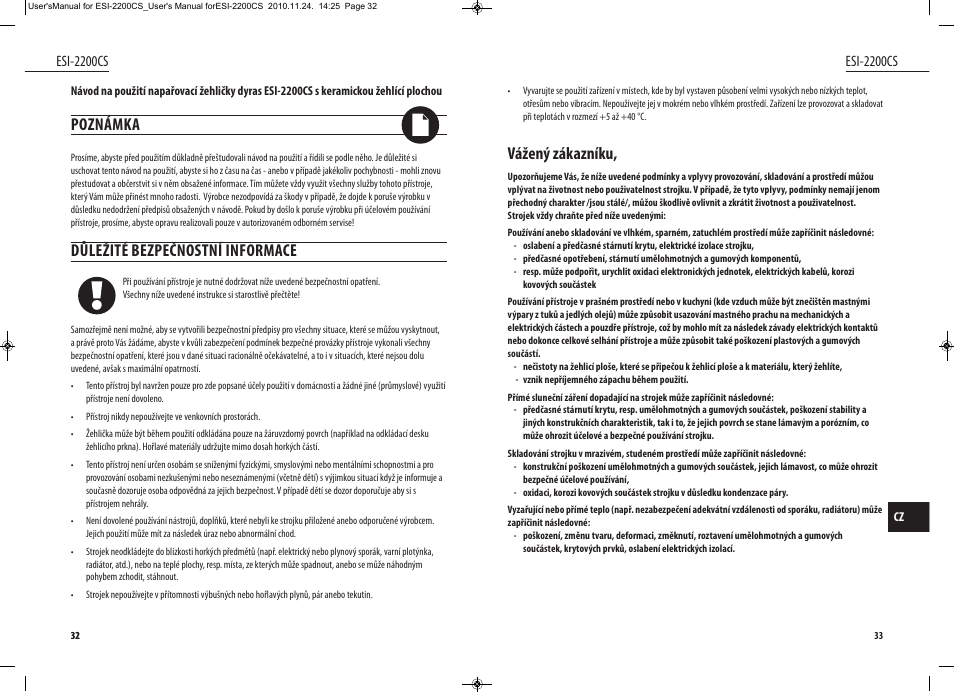Vážený zákazníku, Poznámka, Důležité bezpečnostní informace | Esi-2200cs | Dyras ESI-2200CS User Manual | Page 17 / 39