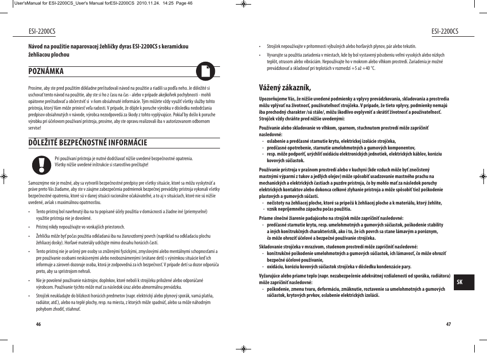 Vážený zákazník, Poznámka, Dôležité bezpečnostné informácie | Esi-2200cs | Dyras ESI-2200CS User Manual | Page 24 / 39
